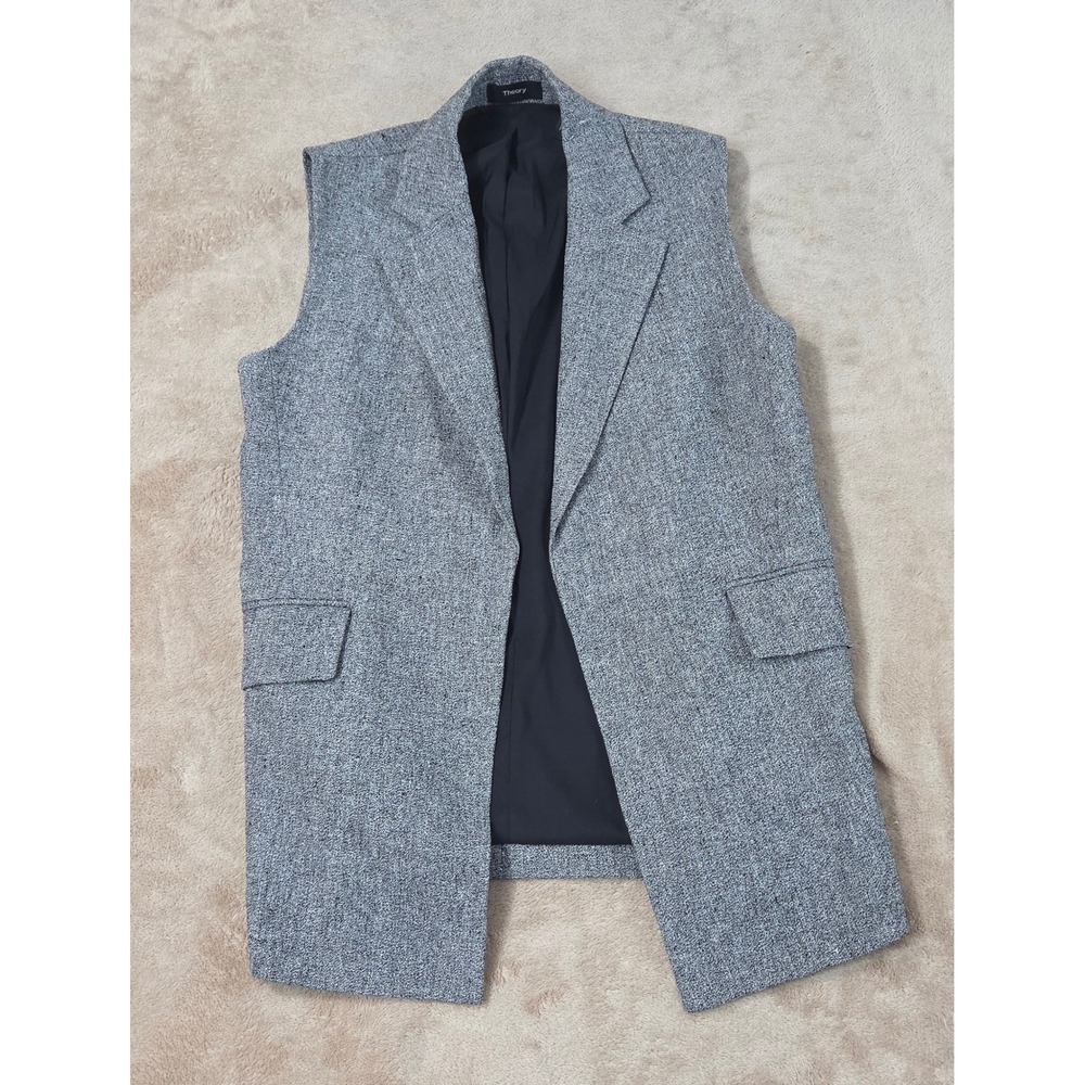 Theory Linen Open Cardigan Vest Womens 6 Heathered Gray Sleeveless Blazer Sedeia
